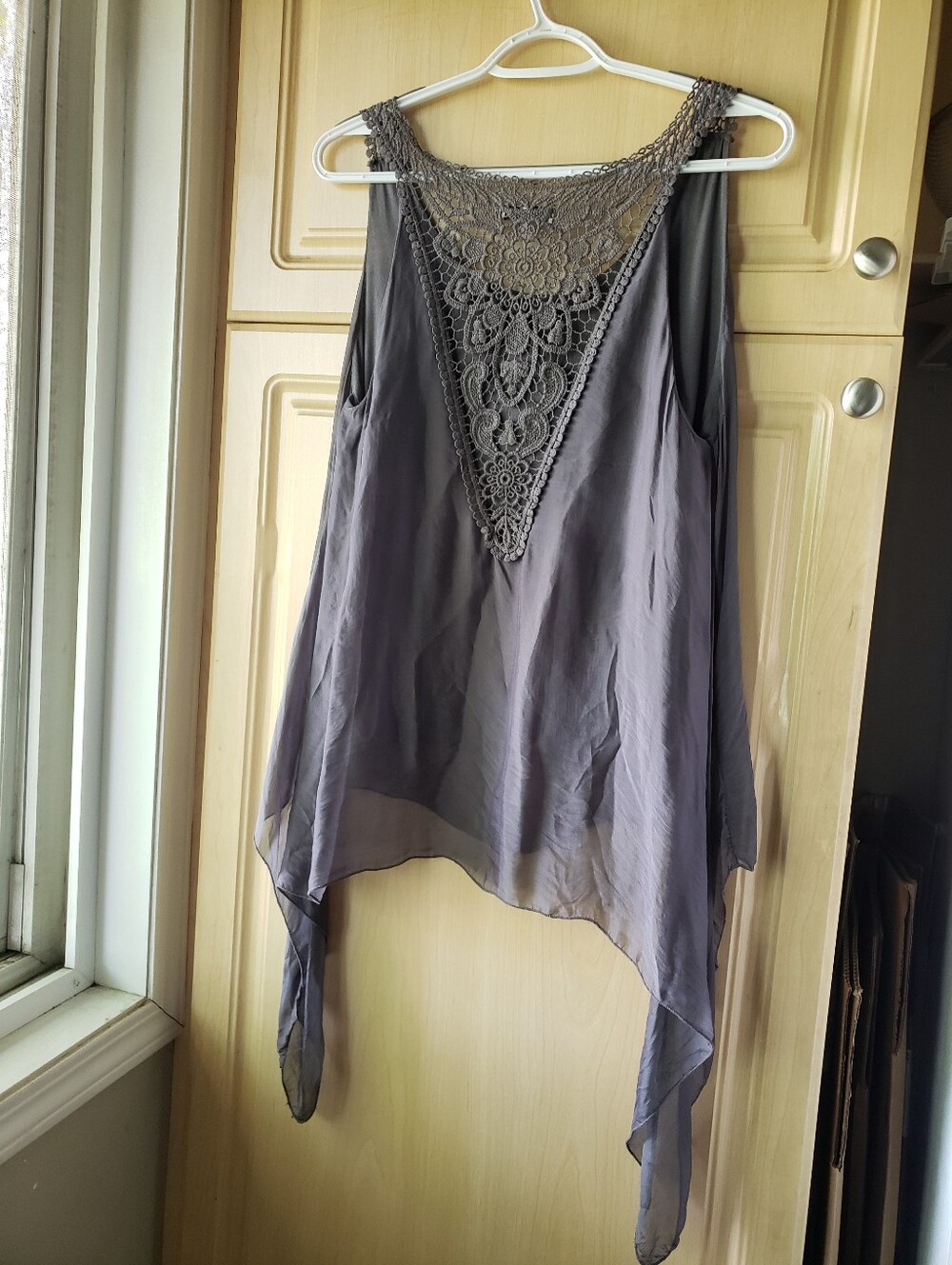 Silk Lace-Back Asymmetric Silk Tank Top - Gray